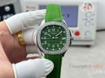 High Quality Replica PATEK PHILIPPE Aquanaut Luce Green Integrated Composite Strap Green Embossed Pattern Face Dial 48 Diamonds Inlaid Round Octagonal Case Watch 38mm
